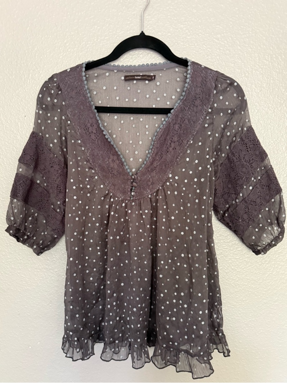Hazel Polka Dot Sheer Chiffon Blouse Gray Crochet Lace Ruffle Trim Small